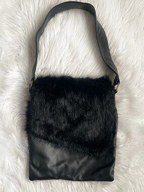 Black Faux Fur and Faux Leather Slim Shoulder Bag